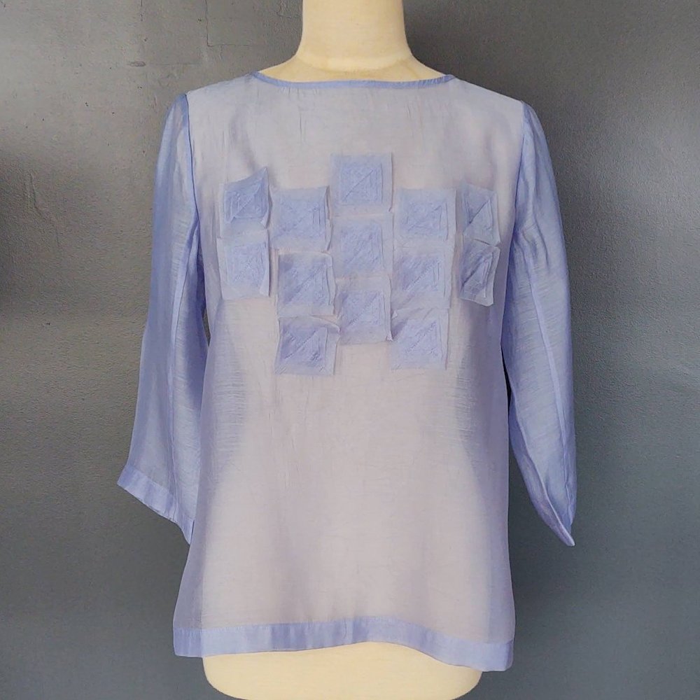 Blue sheer tunic blouse with fabric applique